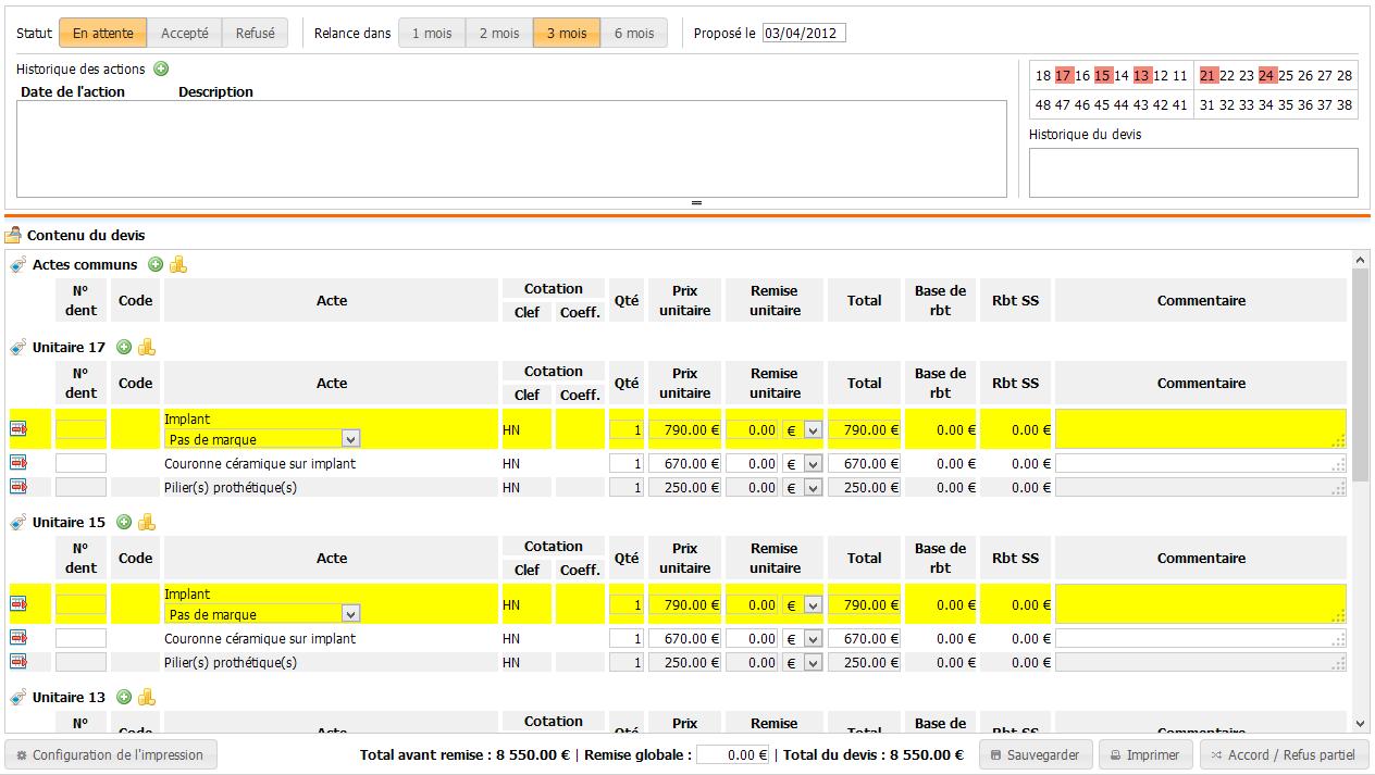 Devis accord ; refus ; en attente complet du devis