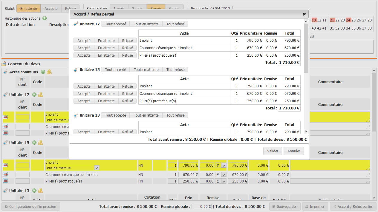 Devis accord ; refus ; en attente partiel