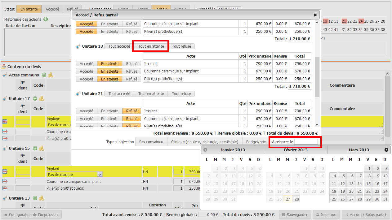 Devis - mise en attente partielle