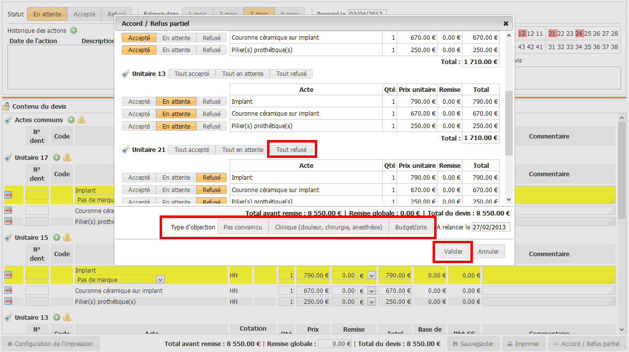 Devis - refus partiel