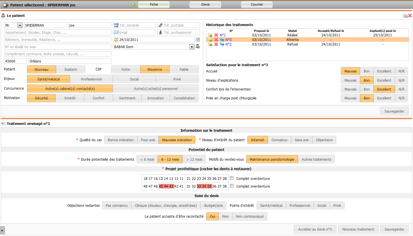 Fiche devis d’un patient